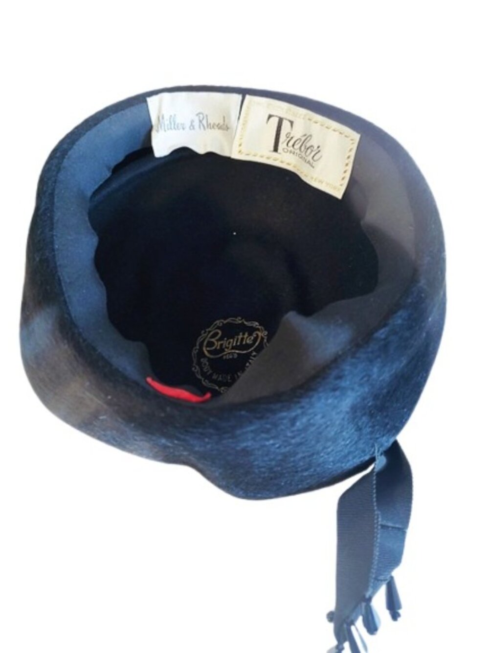 1950s Vintage Black Velour Felt Rounded Pillbox Hat With Ribbon And Bead Accents - Picture 5 of 7